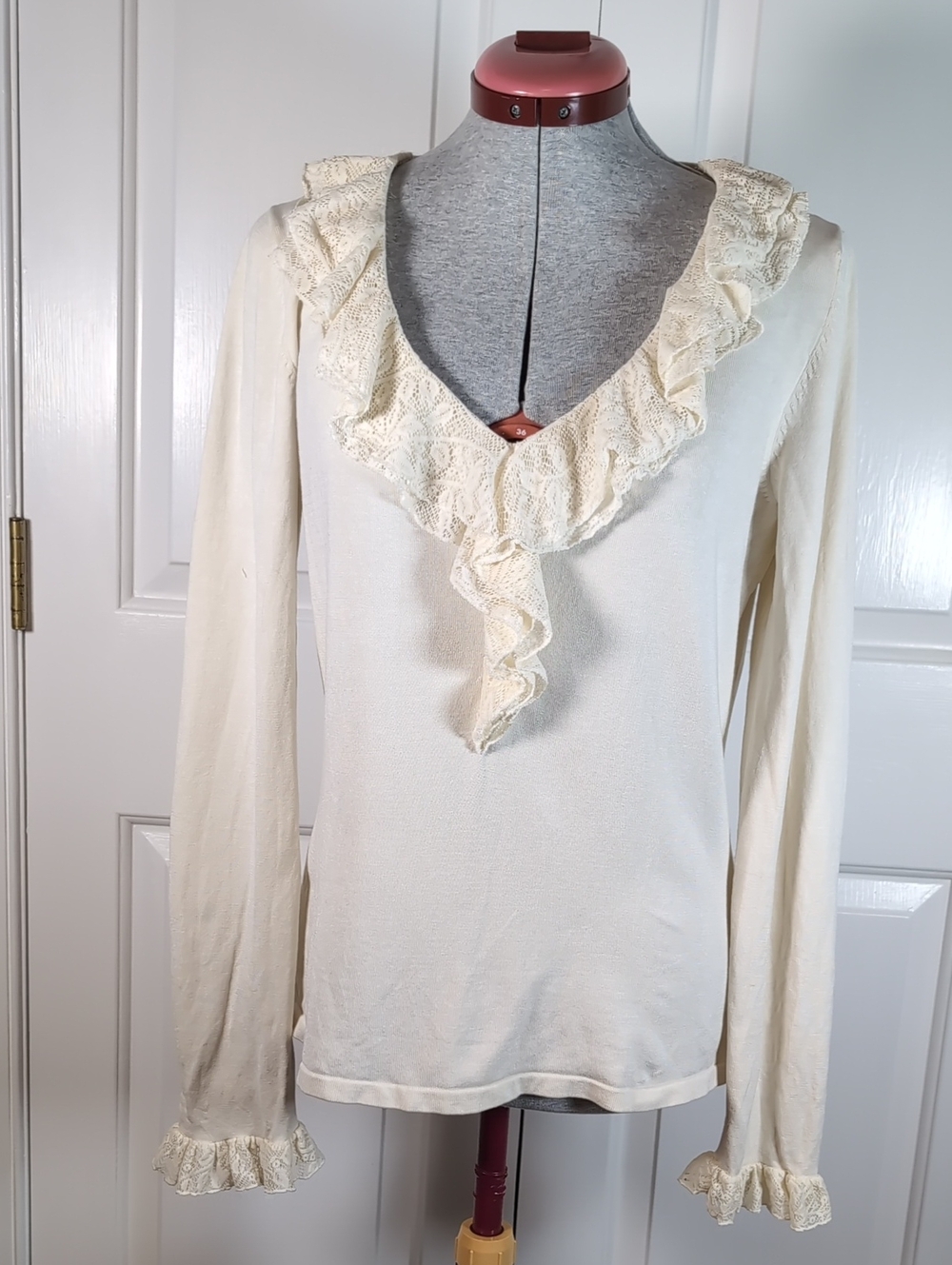 August Silk Vintage Cream Ruffle V Neck Sweater Top Cottagecore Coquette Size S